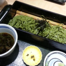 Matcha (green tea) flavoured soba noodles. There are so many matcha flavoured things, such as chocolate, beverages, sake (alcohol), pastries and ice cream.